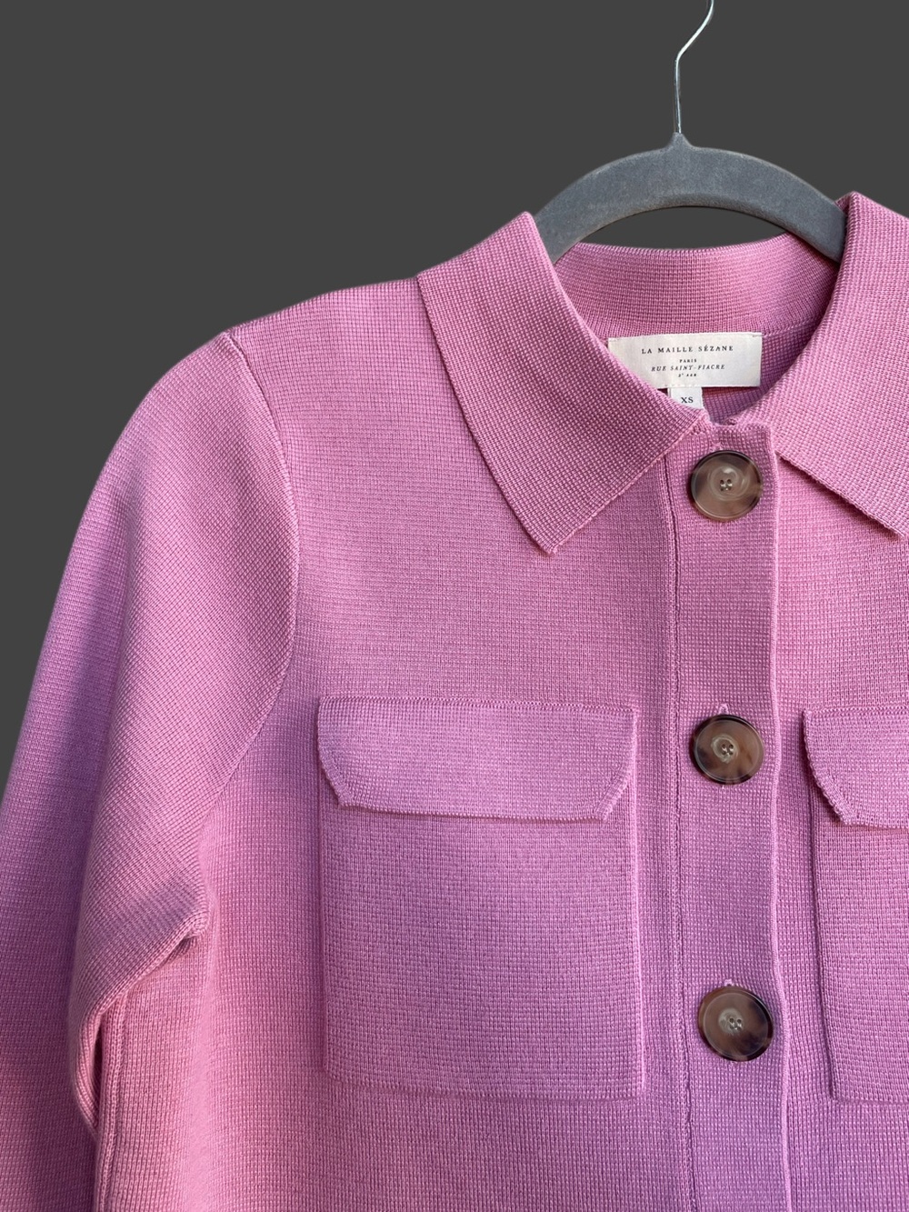 SEZANE NWT Rose Pink Fine Knit 100% Merino Wool Collared Betty Cardigan Sweater - Picture 6 of 14
